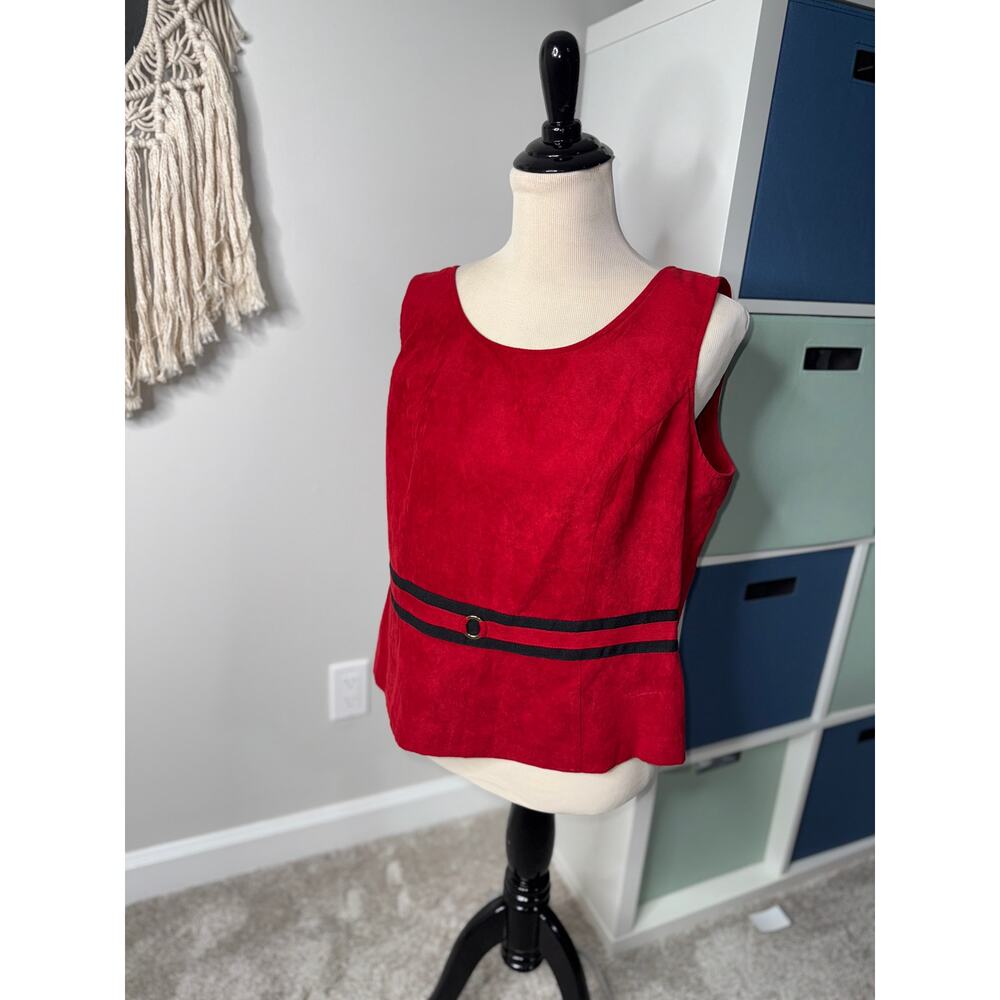 Vtg Women's Red Faux Suede Striped Peplum Style Sleeveless Blouse 16 Old Money